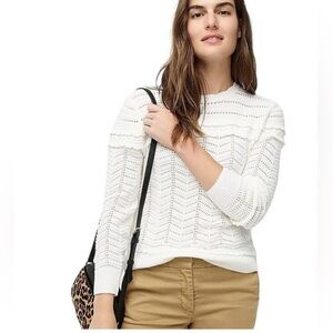 J. Crew Scalloped Pointelle Cream Knit Sweater, Wool Blend, Round Neck, Size S